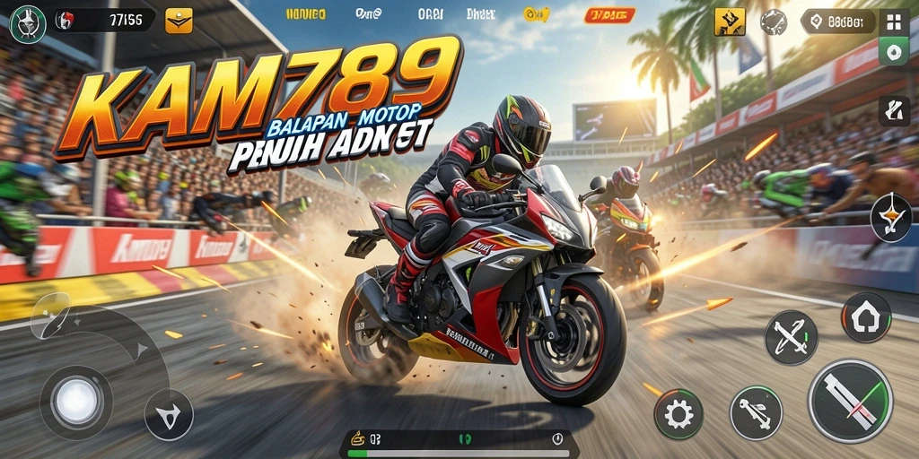 Tampilan gameplay KM789 yang penuh aksi balap motor.