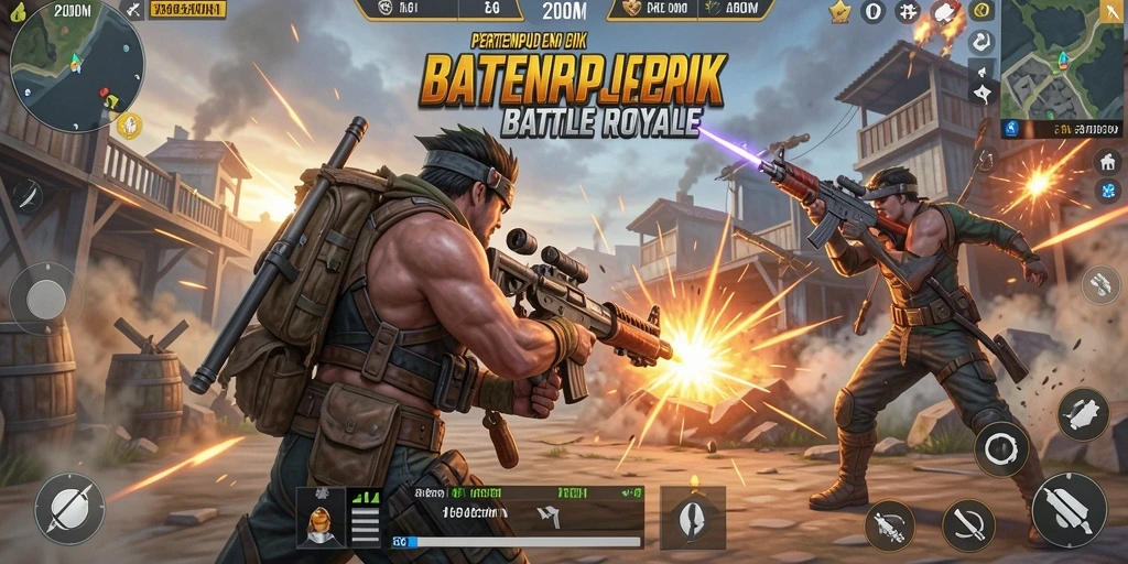 Screenshot P200M menunjukkan aksi pertempuran seru dalam game Battle Royale.